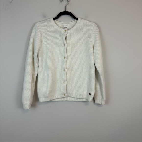 Carrement Beau | White Fuzzy Gold Button Knit Cardigan Sweater Size 12 - Picture 1 of 6